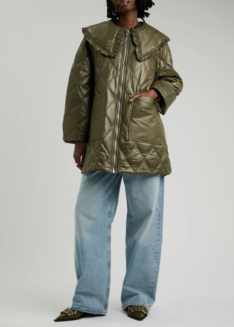 Ganni Oversized Quilted Glossed Nylon Olive green jacket XS